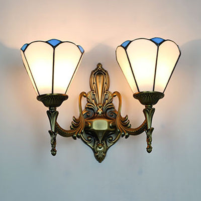 Vintage Loft Stained Glass Cone Wall Sconce Light In White/Blue - 2 Lights For Bedroom White