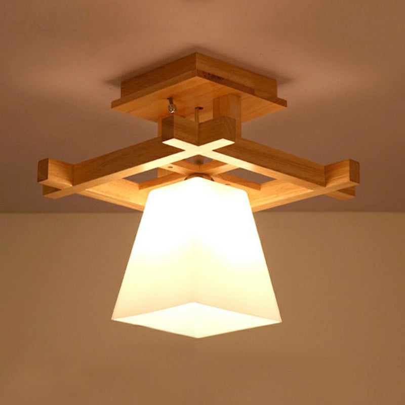 Nordic Wood Trapezoidal Ceiling Light: Single-Bulb Semi Flush Mount With White Glass - Perfect For