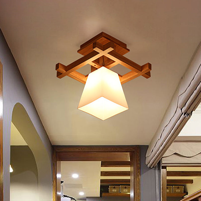 Nordic Wood Trapezoidal Ceiling Light: Single-Bulb Semi Flush Mount With White Glass - Perfect For