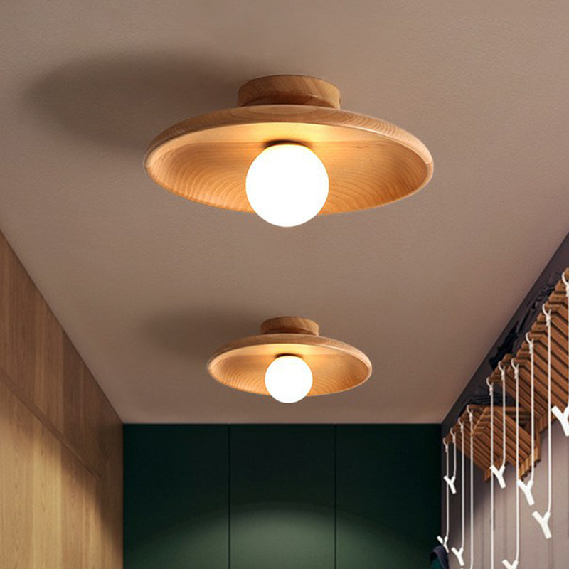 Minimalist Wooden Flush Mount Ceiling Lamp- Shallow Bowl Shape 1 Head- Perfect For Aisles