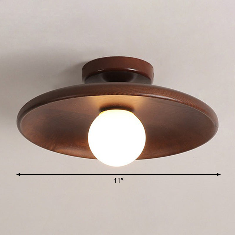Minimalist Wooden Flush Mount Ceiling Lamp- Shallow Bowl Shape 1 Head- Perfect For Aisles Brown