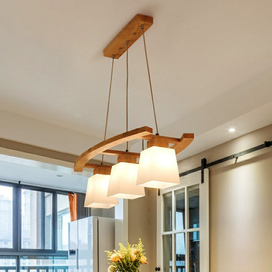 Nordic Wood Island Pendant Ceiling Light With Trapezoid White Glass Shade - 3-Light Dining Room