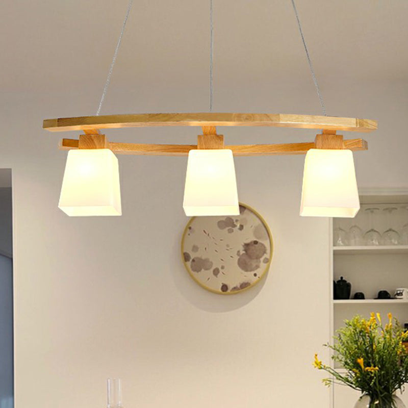 Nordic Wood Island Pendant Ceiling Light With Trapezoid White Glass Shade - 3-Light Dining Room
