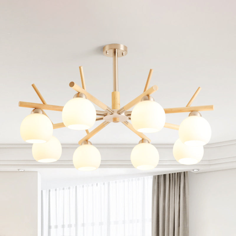 Minimalist White Glass Dome Ceiling Chandelier with Wood Twig Décor - Living Room Hanging Light