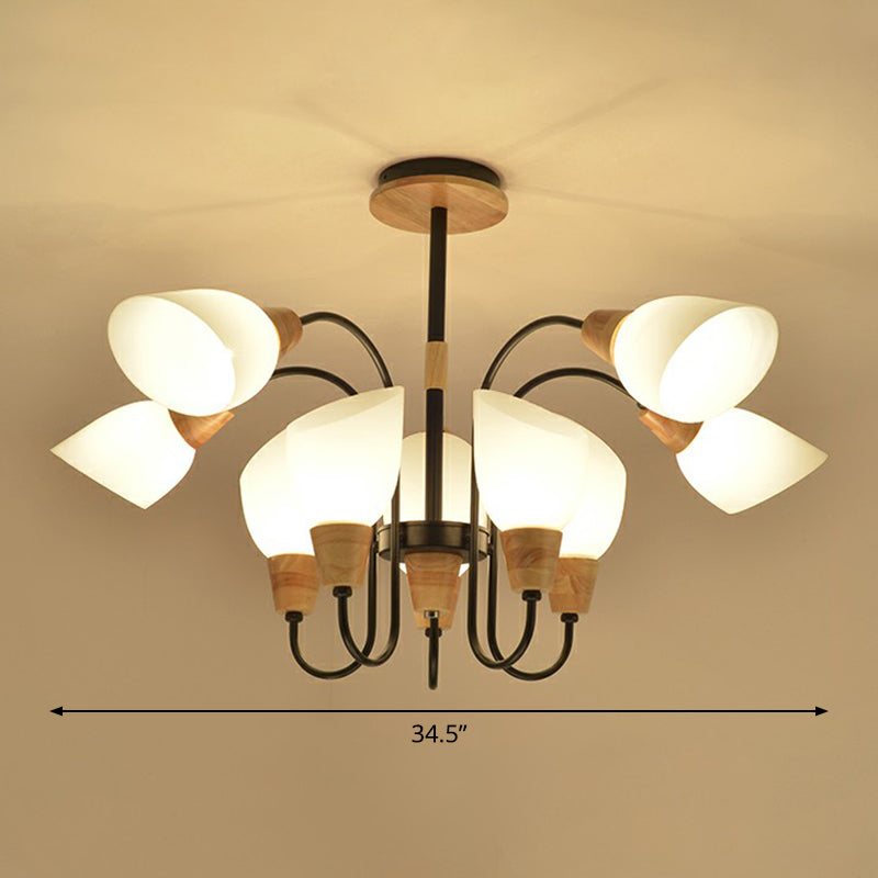Nordic Style Tulip Chandelier with Cream Glass and Wooden Accent