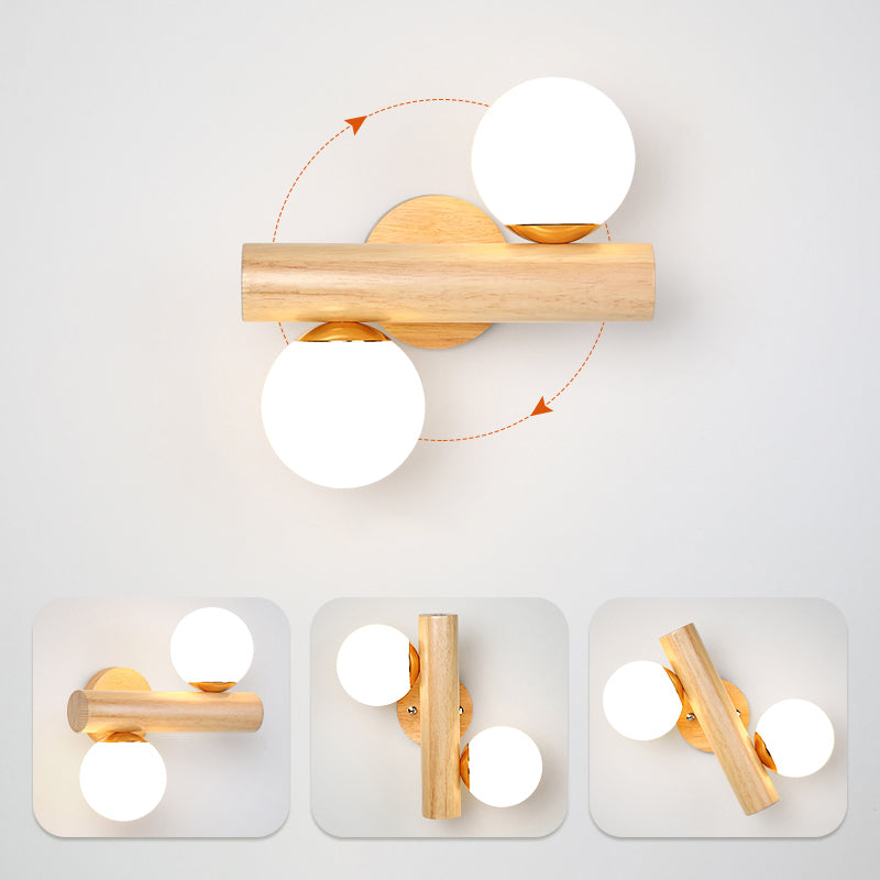 Nordic White Glass Ball Rotating Wall Lamp With Wood Mount - Ideal For Bedroom Lighting