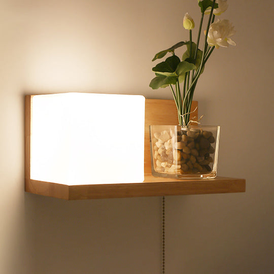 Minimalist Geometric Stairs Wall Sconce - Cream Glass Single Flush Light In Wood / Square Plate