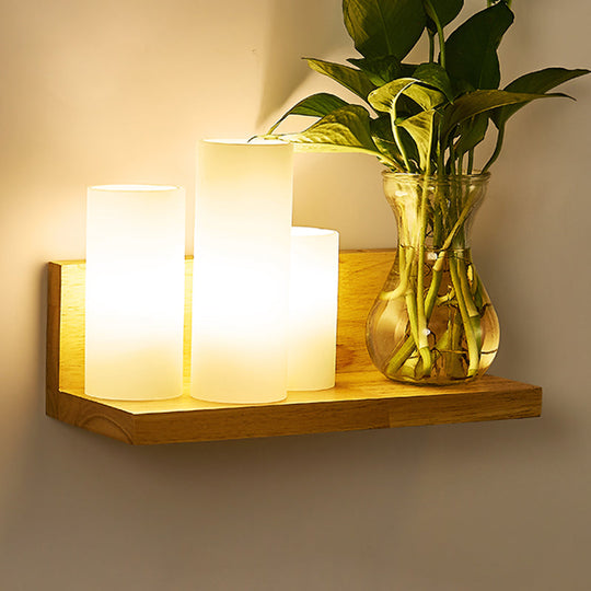 Minimalist Geometric Stairs Wall Sconce - Cream Glass Single Flush Light In Wood / Cylinder