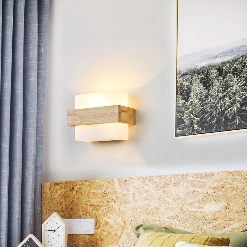 Minimalist Geometric Stairs Wall Sconce - Cream Glass Single Flush Light In Wood