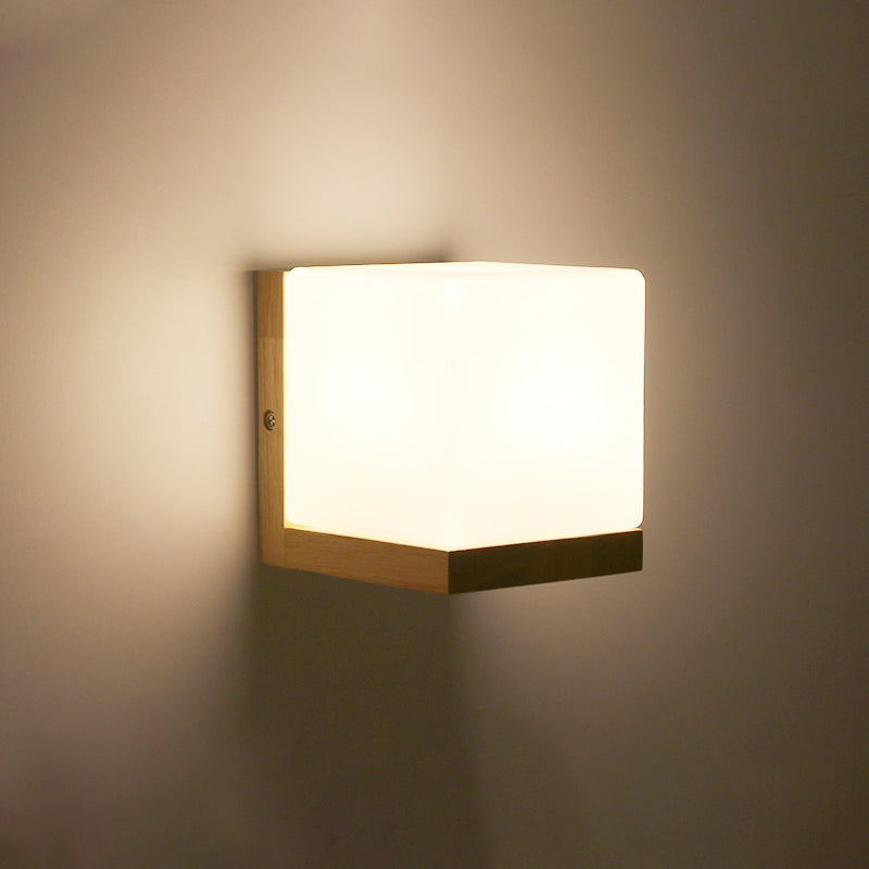 Minimalist Geometric Stairs Wall Sconce - Cream Glass Single Flush Light In Wood / Square