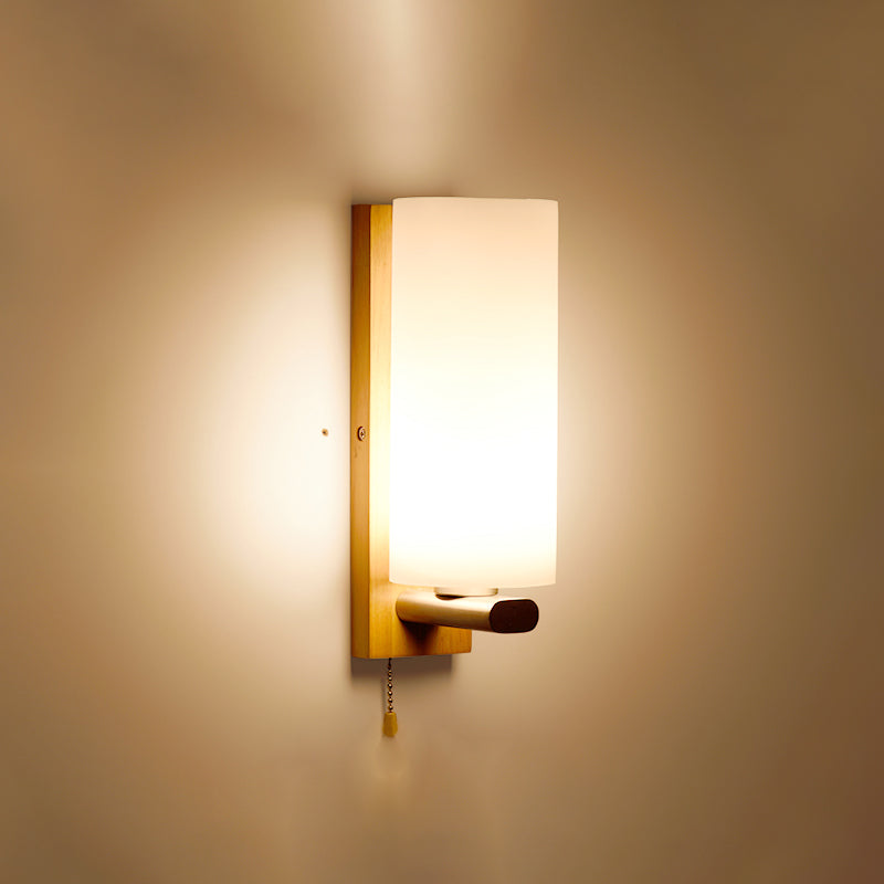 Minimalist Geometric Stairs Wall Sconce - Cream Glass Single Flush Light In Wood / With Switch