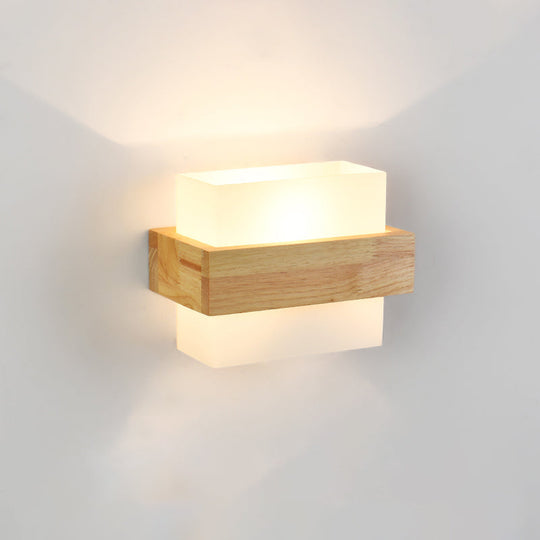 Minimalist Geometric Stairs Wall Sconce - Cream Glass Single Flush Light In Wood / Rectangle