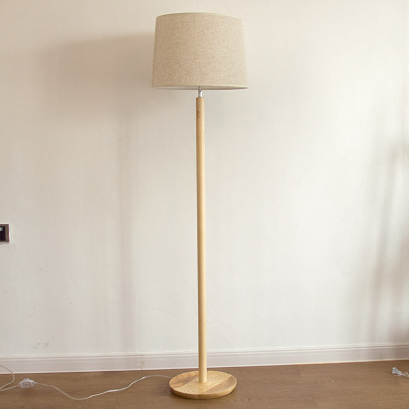 Minimalistic Fabric Tapered Drum Floor Lamp With Wood Stand - 1 Head Standing Light Flaxen