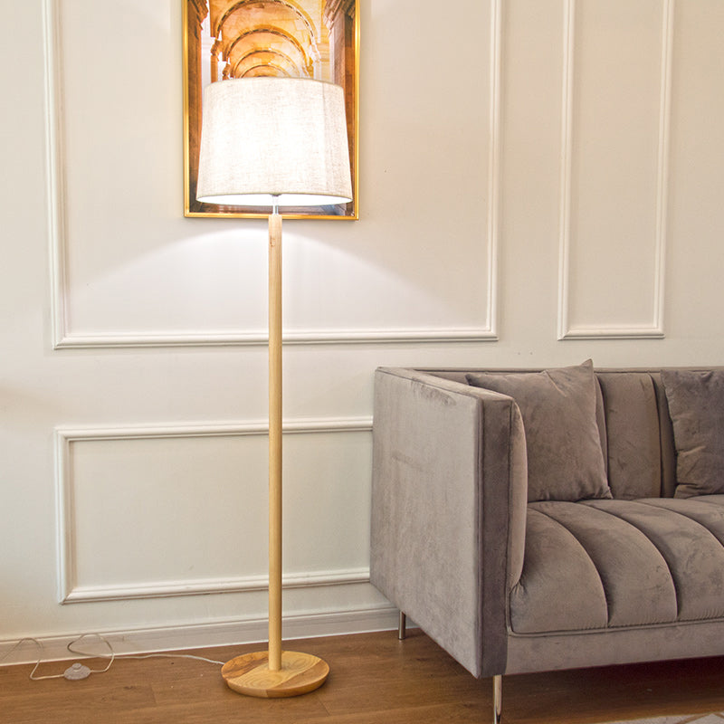 Minimalistic Fabric Tapered Drum Floor Lamp With Wood Stand - 1 Head Standing Light