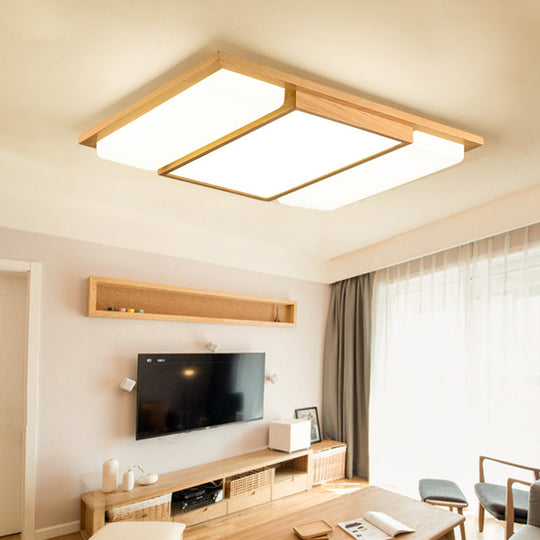 Minimalist LED Flush Mount Lighting with Ash Wood Design - Rectangle Living Room Ceiling Lamp