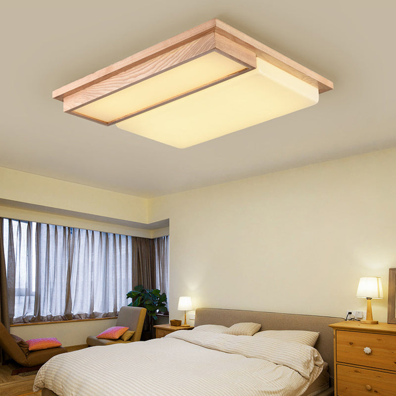 Minimalist LED Flush Mount Lighting with Ash Wood Design - Rectangle Living Room Ceiling Lamp