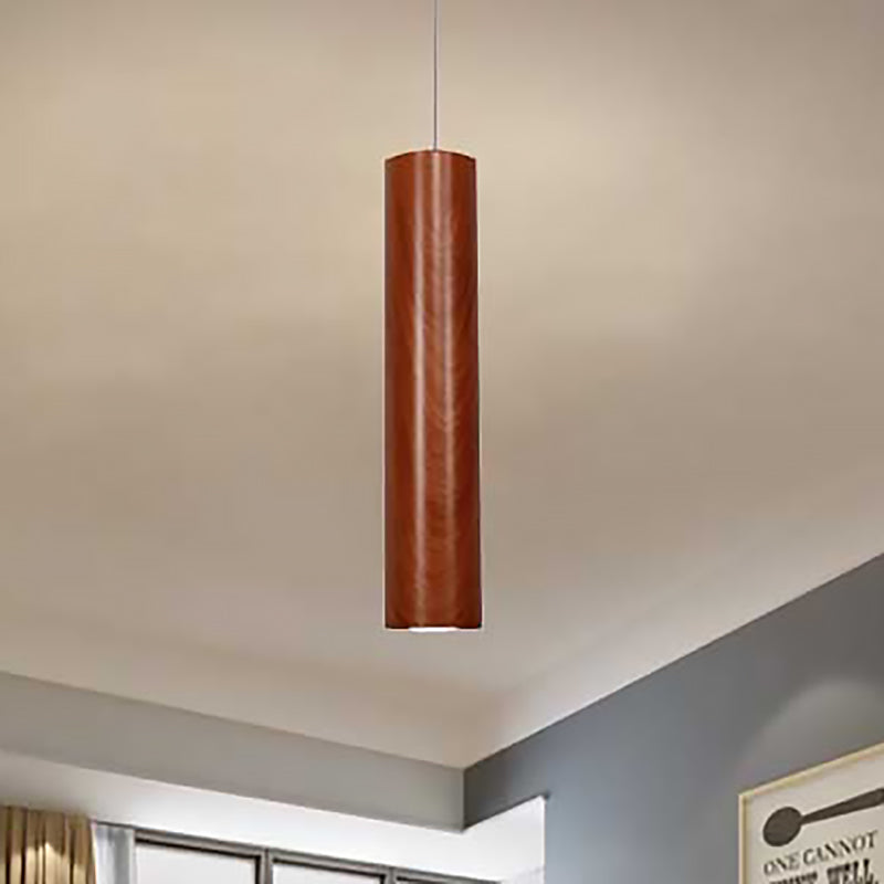 Modern Metal Brown Cylinder Ceiling Light with Wood Grain Shade - Warm/White Pendant Light for Living Room (11"/19"/27" Height)
