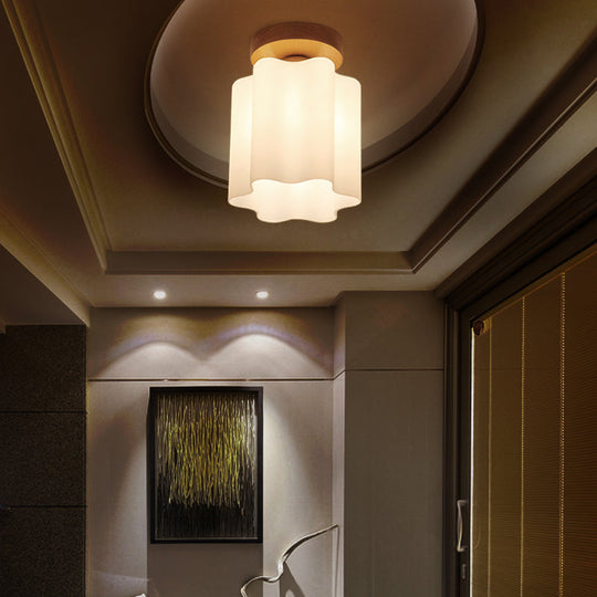 Minimalism 1 Bulb Wood Flushmount Light for Corridor - Milky Glass Prism Floral Ceiling Flush Light