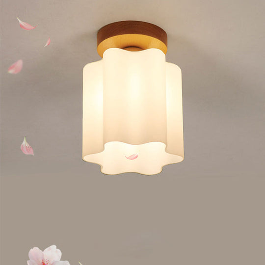 Minimalism 1 Bulb Wood Flushmount Light For Corridor - Milky Glass Prism Floral Ceiling Flush