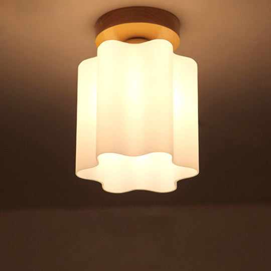 Minimalism 1 Bulb Wood Flushmount Light for Corridor - Milky Glass Prism Floral Ceiling Flush Light