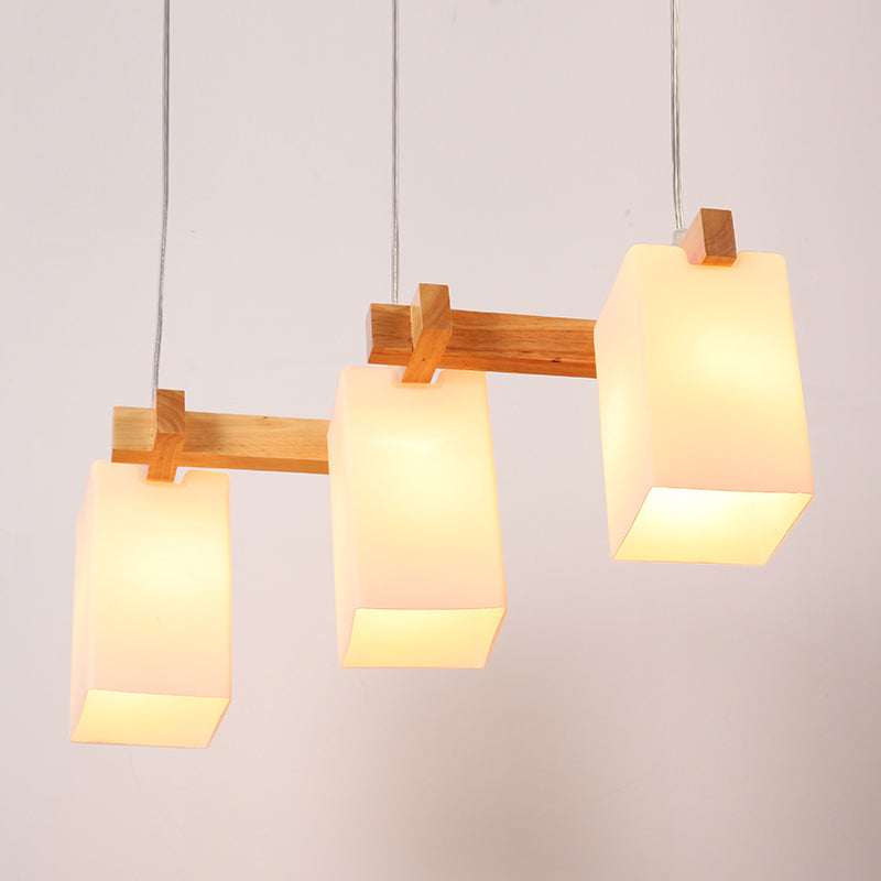 Simplicity Wood 3-Head Opaline Glass Rectangular Island Pendant Light