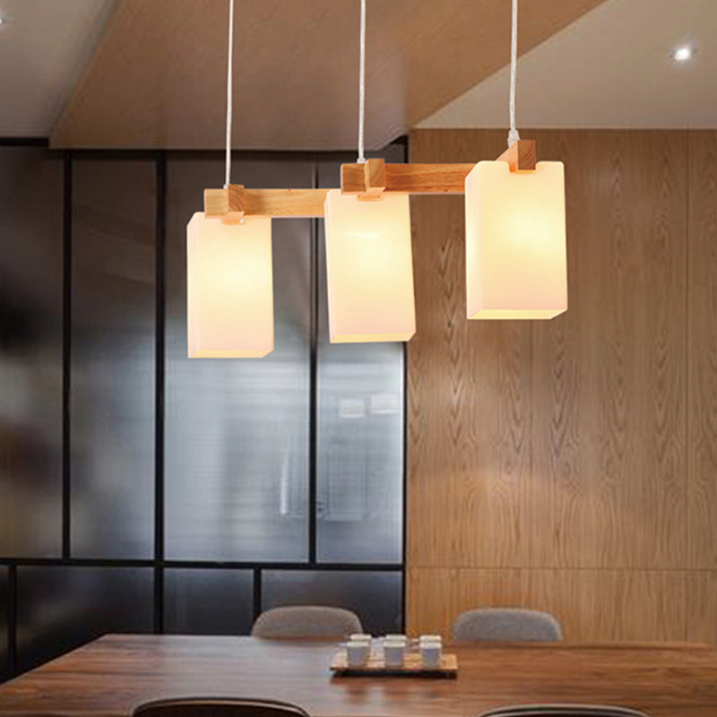 Simplicity Wood 3-Head Opaline Glass Rectangular Island Pendant Light