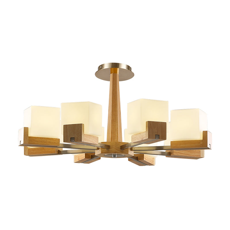 Frosted Glass Cube Chandelier with Modern Wood Ceiling Suspension - Ideal for Living Room