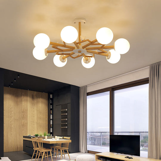 Wooden Nordic Ball Chandelier: Cream Glass Living Room Hanging Light with Bird Decor