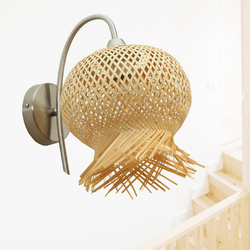 Countryside Rattan Wall Sconce With 1 Beige Light - Handcrafted For Bedroom (Down/Up)