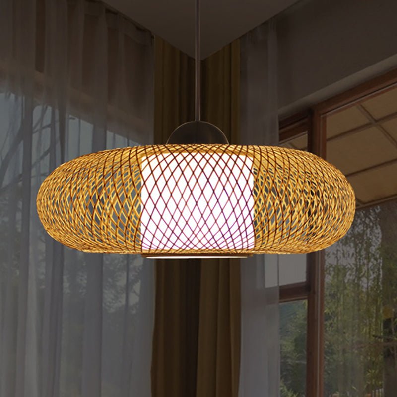 Contemporary Black/Wood Cross Woven Pendant Light With Drum Shade - 1 Head Bamboo Hanging Lamp Wood