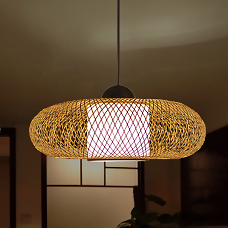 Contemporary Black/Wood Cross Woven Pendant Light With Drum Shade - 1 Head Bamboo Hanging Lamp