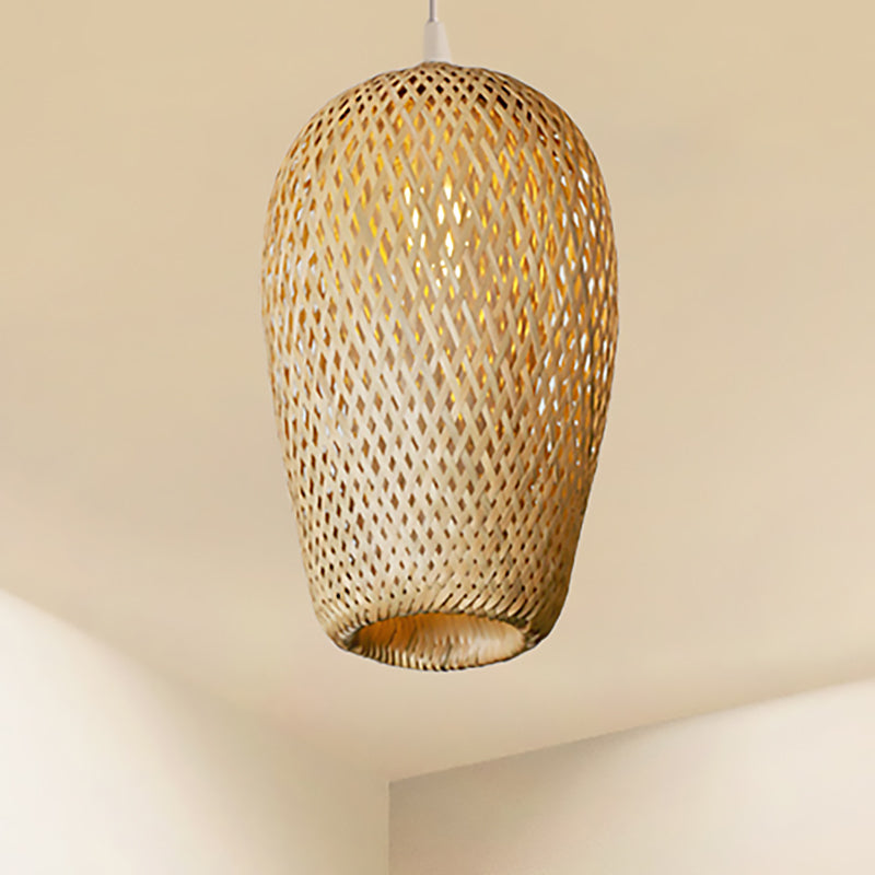 Bamboo 1-Light Pendant Lamp: Lodge Style Woven Shade Kitchen Suspension Lighting In Yellow (9/10