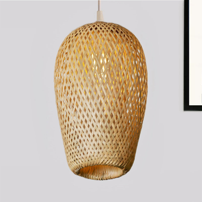 Bamboo 1-Light Pendant Lamp: Lodge Style Woven Shade Kitchen Suspension Lighting In Yellow (9/10
