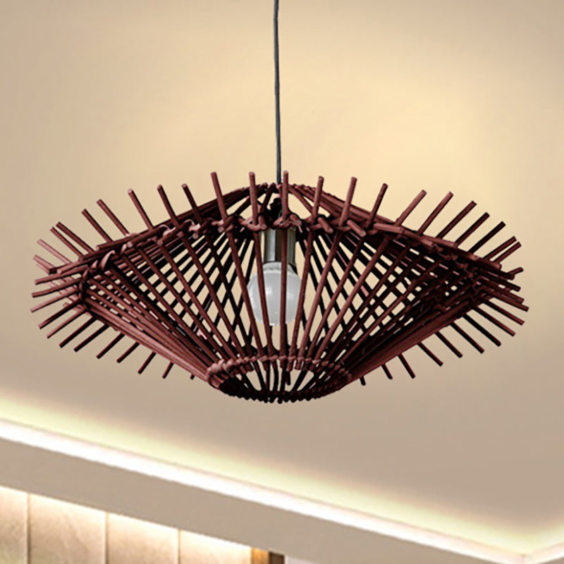 Rustic Beige/Brown Disc Pendant Light - Single Bulb Bamboo Hanging Fixture For Restaurant & Living