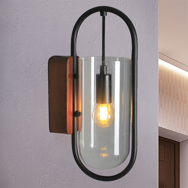 Industrial Black Cylinder Sconce Lighting - Clear/Amber Glass Wall Mount Fixture Clear