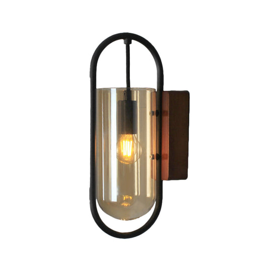Industrial Black Cylinder Sconce Lighting - Clear/Amber Glass Wall Mount Fixture