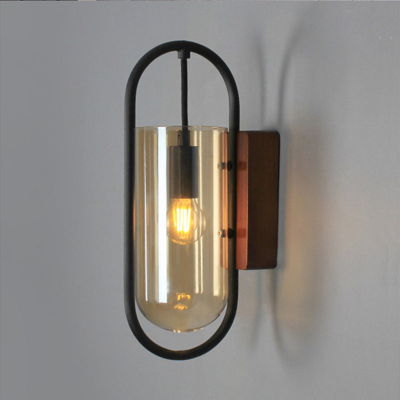 Industrial Black Cylinder Sconce Lighting - Clear/Amber Glass Wall Mount Fixture Amber