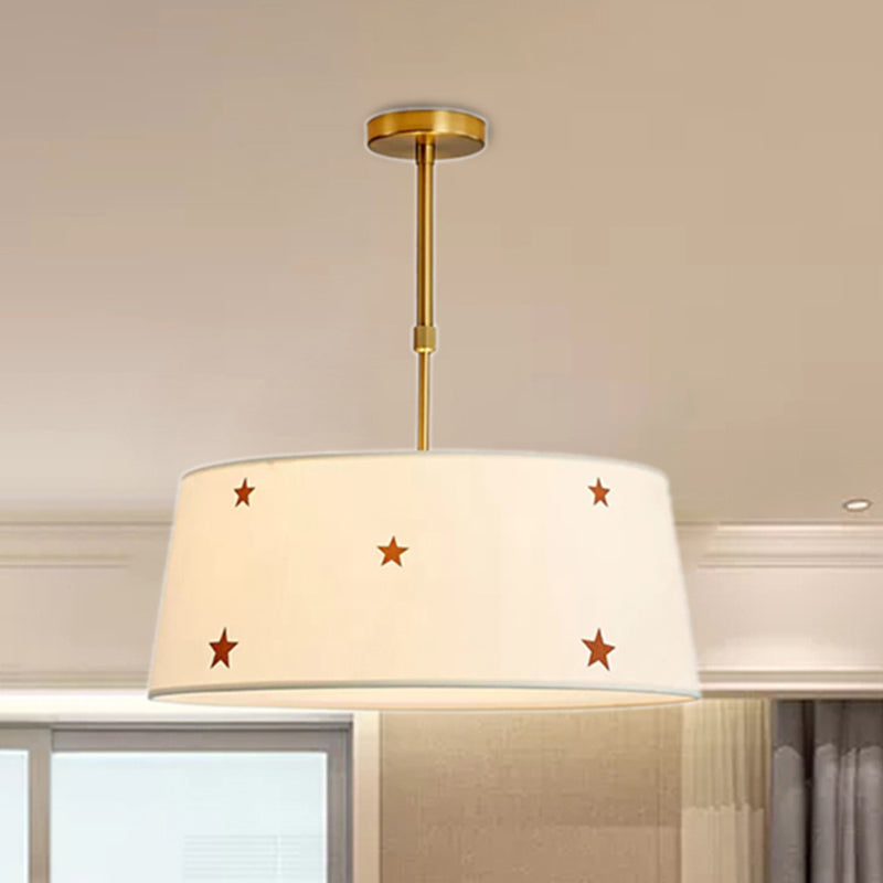 Simple Style White Fabric Drum Chandelier - Adult Bedroom Pendant Light With Star Design