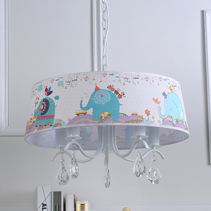 Elephant Crystal Drum Pendant Light: White 5-Light Chandelier For Kids Bedroom
