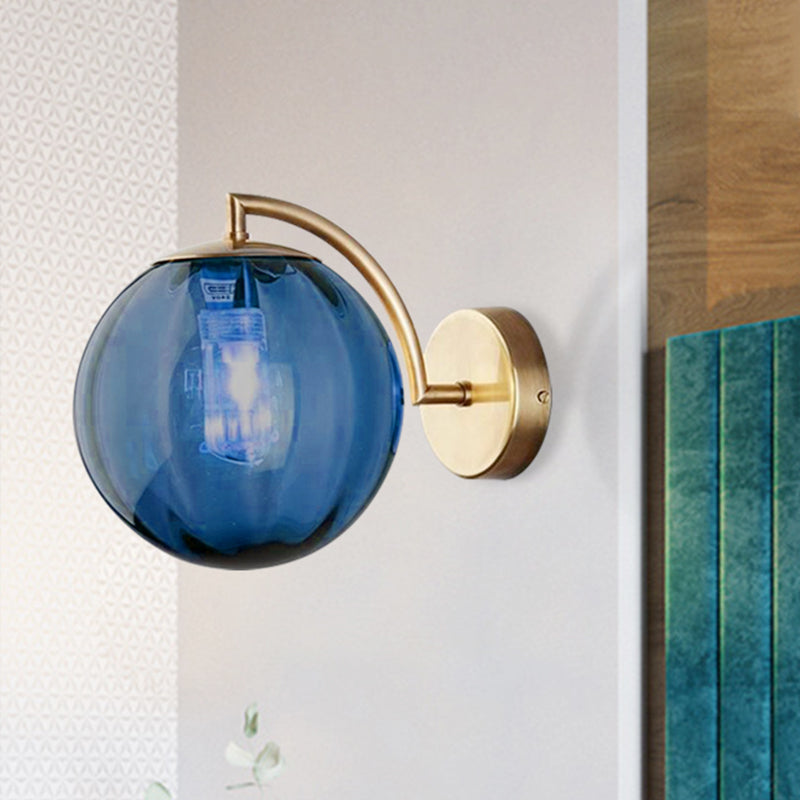 Postmodern Brass Ball Sconce Lamp - Red/Blue/Amber Glass Single Light Wall Fixture