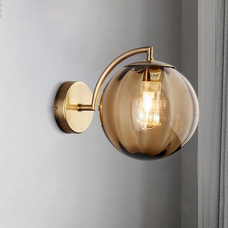 Postmodern Brass Ball Sconce Lamp - Red/Blue/Amber Glass Single Light Wall Fixture Amber