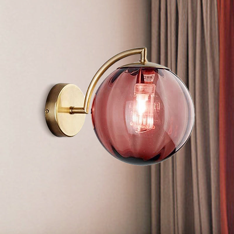 Postmodern Brass Ball Sconce Lamp - Red/Blue/Amber Glass Single Light Wall Fixture Red