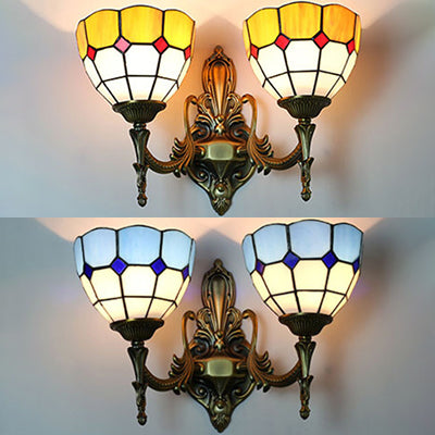 Tiffany Stained Glass Sconce Lighting With Dual Head Bowl Design For Bedroom Wall Mount In