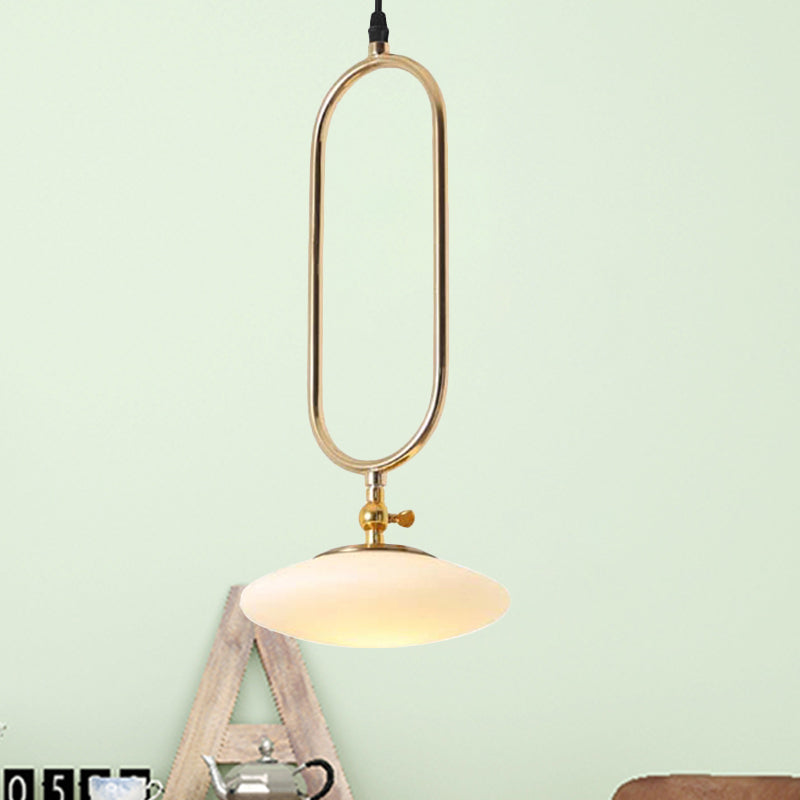 Contemporary Fly Saucer Pendant Lamp in Gold Finish - Milk Glass, 1 Light, Bedside Ceiling Light