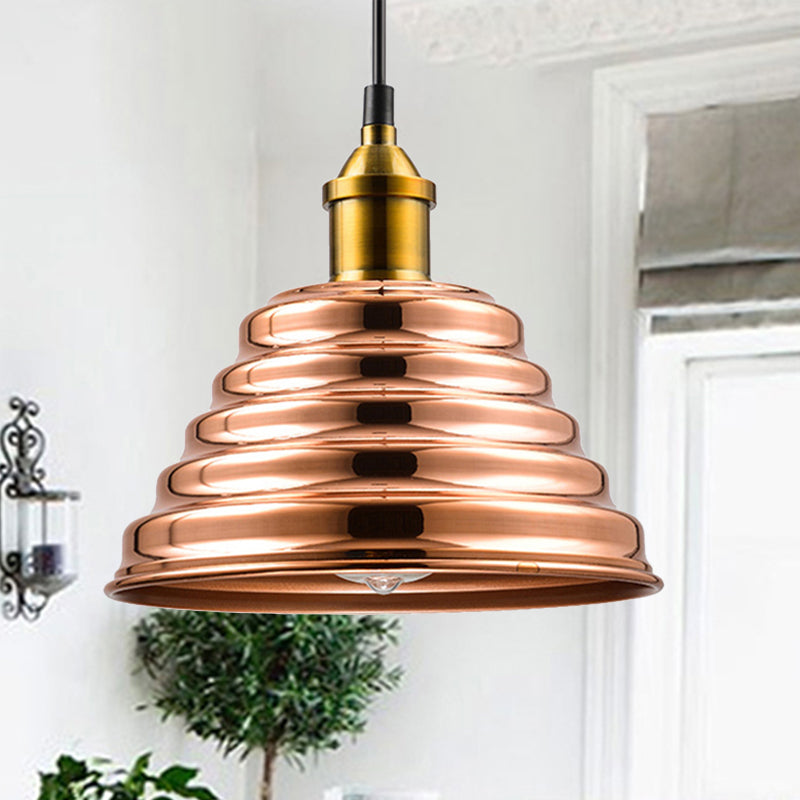 Modern Metal Ribbed Cone Shade Ceiling Pendant Light Rose Gold