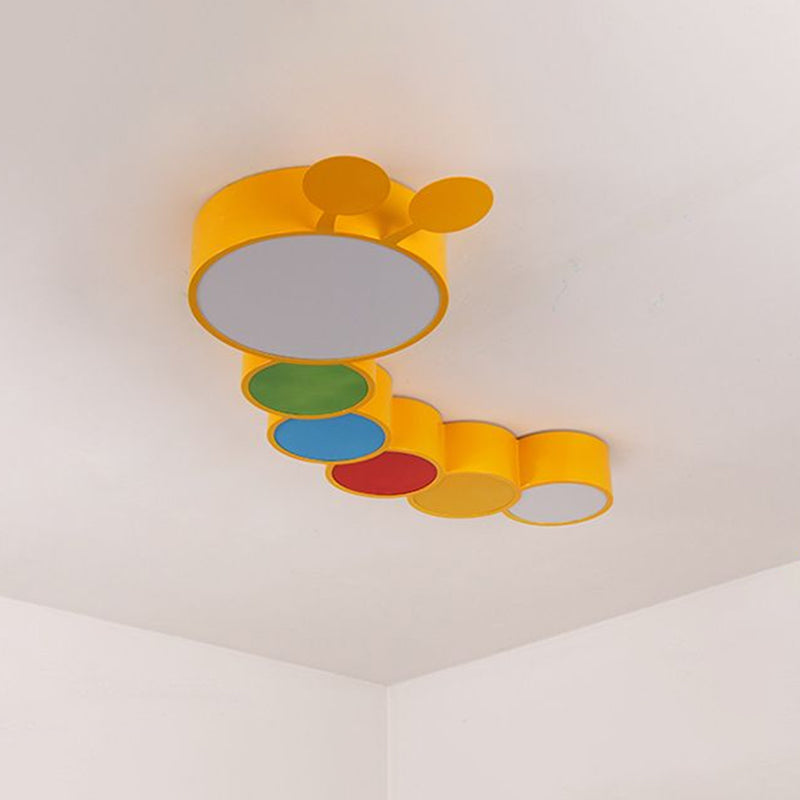 Lighting Up Learning: Yellow Metal LED Flush Mount Fixture with Adorable Cartoon Caterpillar Design for Kindergarten Spaces