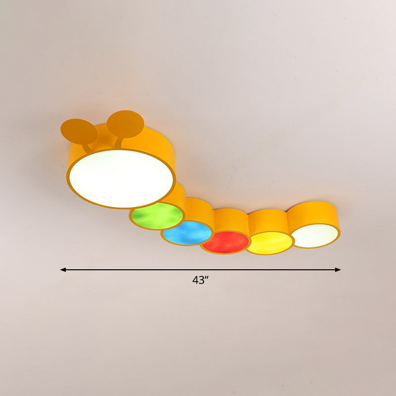 Lighting Up Learning: Yellow Metal LED Flush Mount Fixture with Adorable Cartoon Caterpillar Design for Kindergarten Spaces