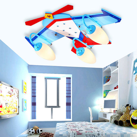 Kids Blue Flush Mount Fixture with Oval Cream Glass Shade - Wooden Plane Flush Ceiling Light in Wood Finish