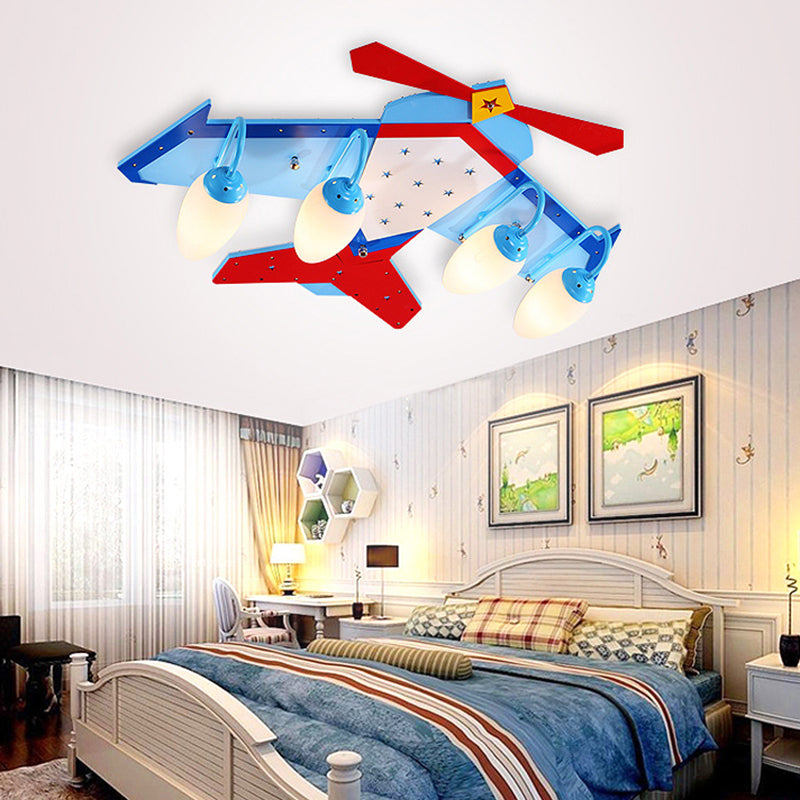 Kids Blue Flush Mount Fixture With Oval Cream Glass Shade - Wooden Plane Ceiling Light In Wood