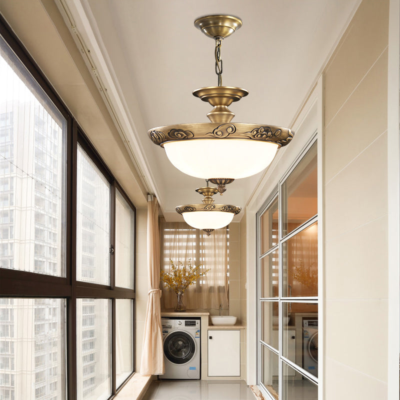 Antique Style Bronze Bowl Suspension Light With White Glass - Corridor Chandelier Pendant